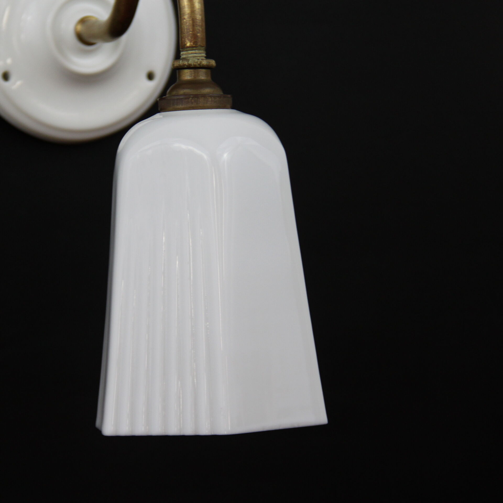Brass, porcelain, opaline glass tulip swan neck wall lamp