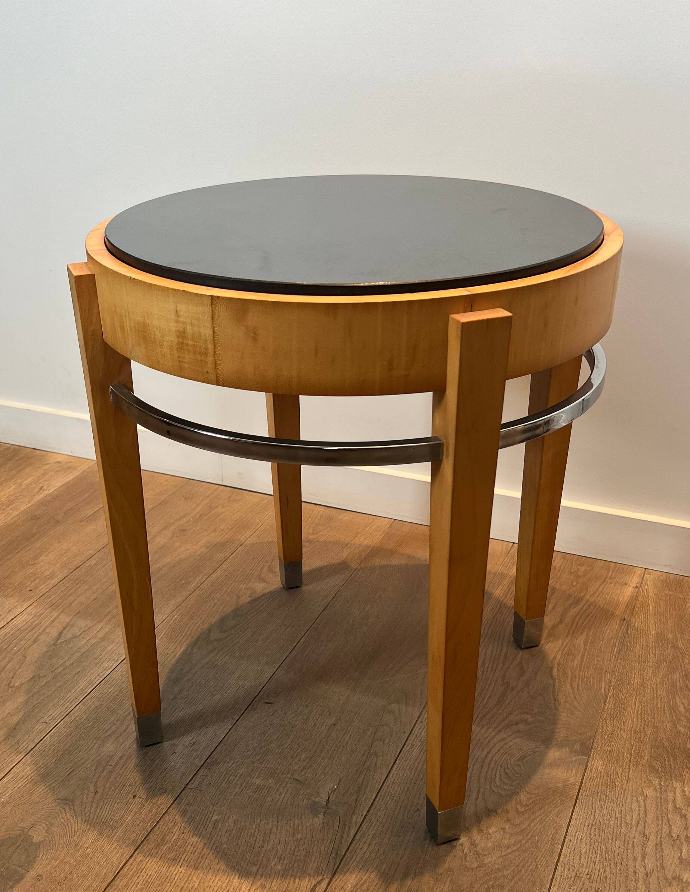 Pedestal table in sycamore veneer, chrome and marble top