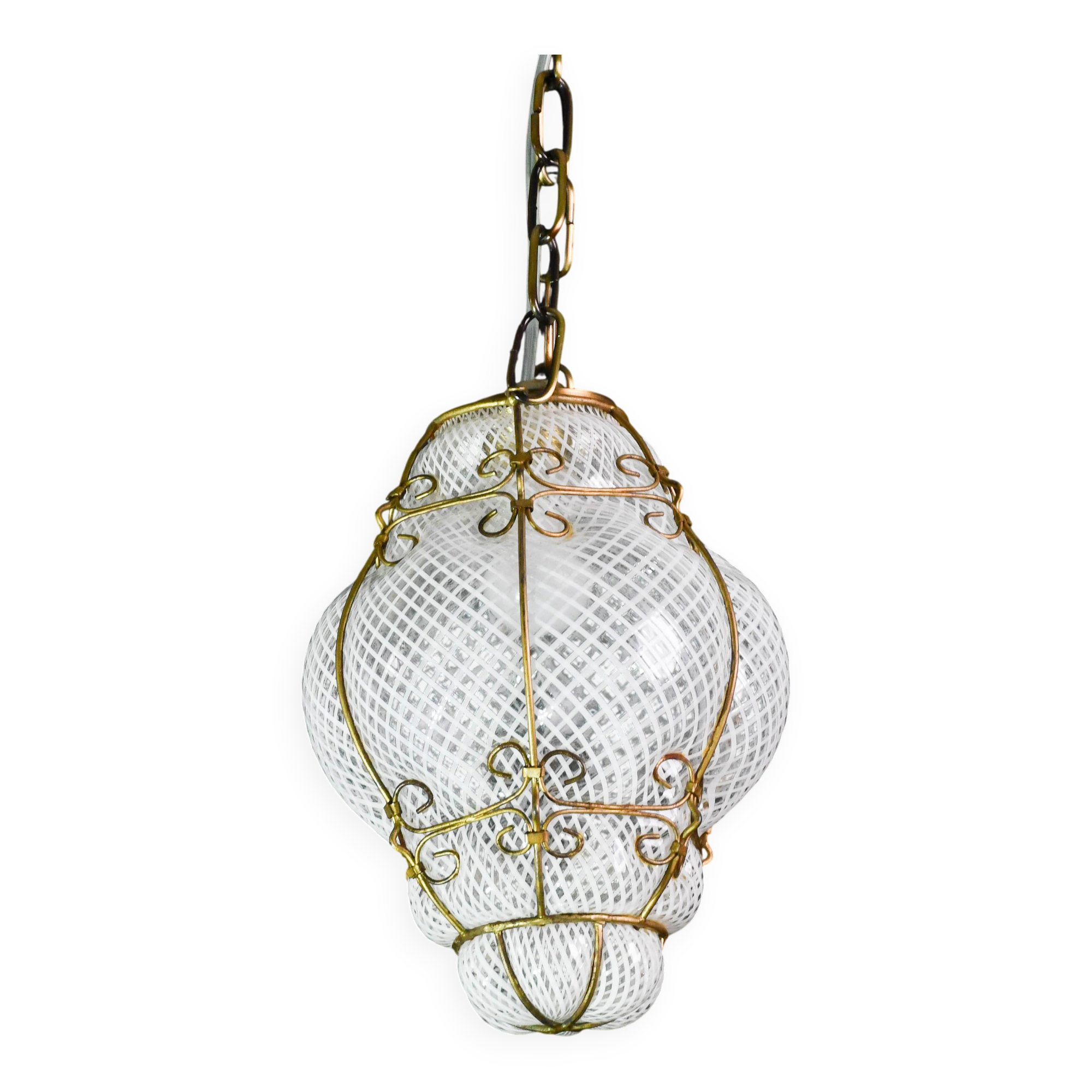 Venini Amazing Venetian Lantern in Murano Reticello Glass, 1950s
