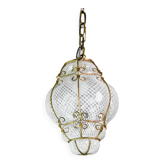 Venini Amazing Venetian Lantern in Murano Reticello Glass, 1950s