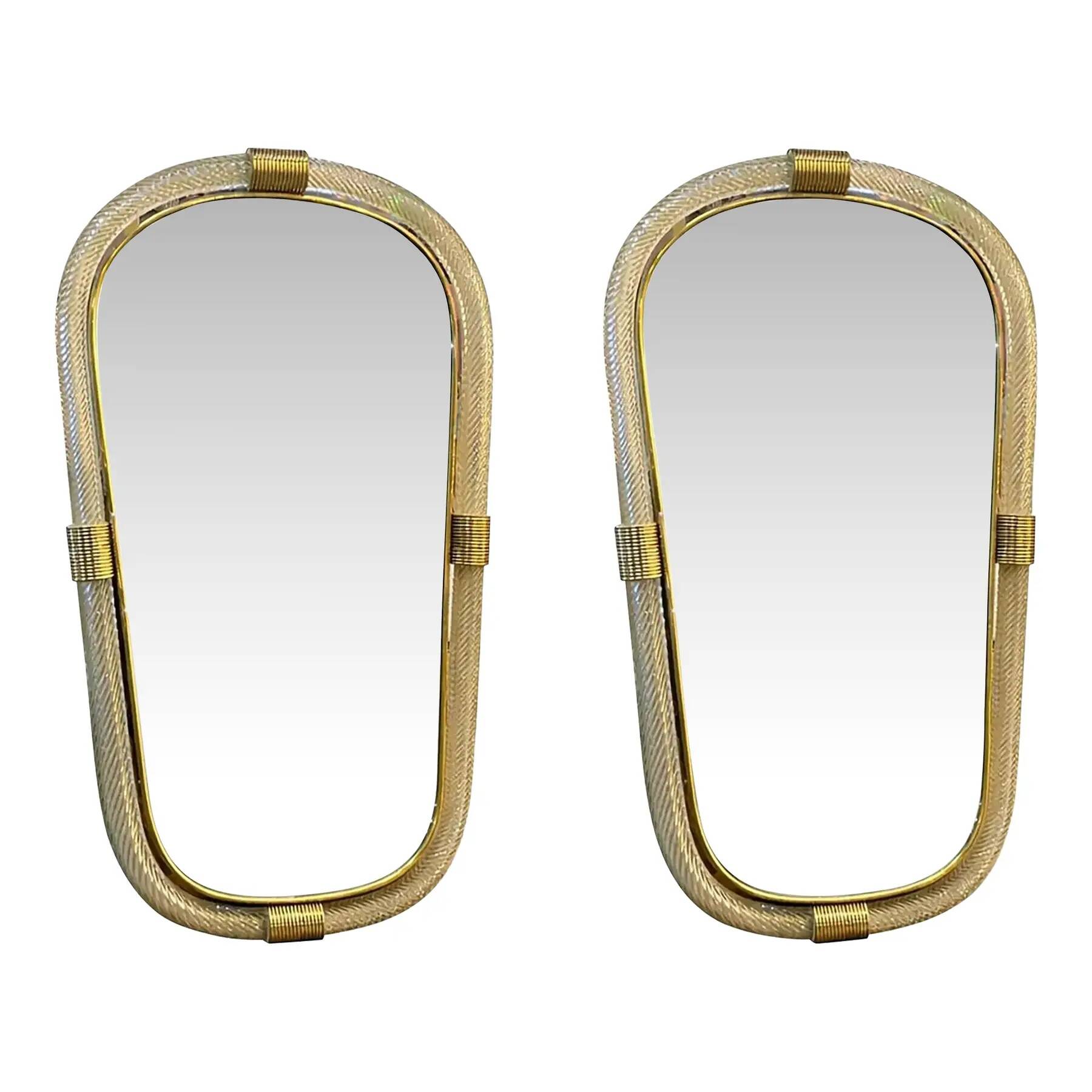 Italian Murano Glass Mirror Pair with Gold Leaf and Torciglione Design