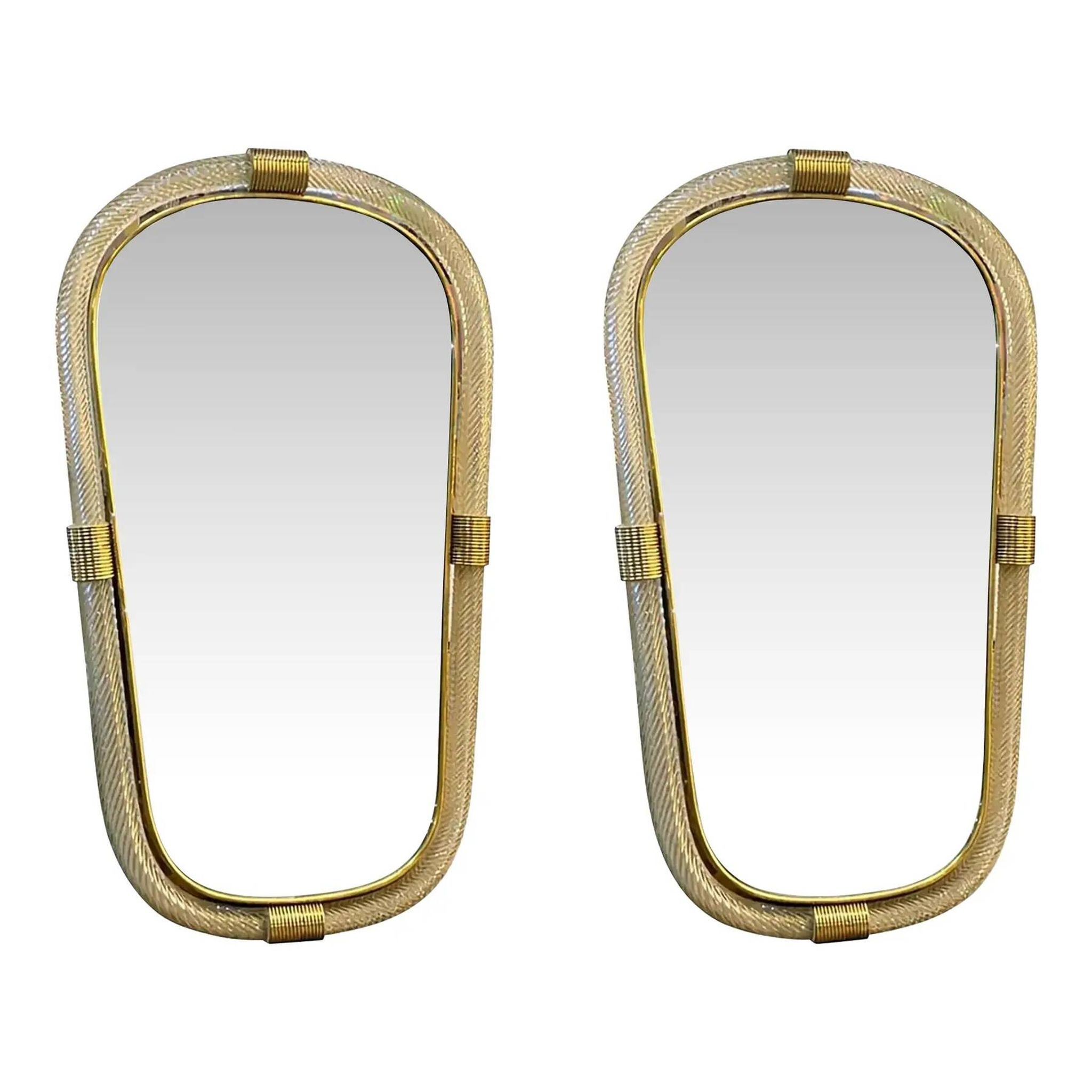 Italian Murano Glass Mirror Pair with Gold Leaf and Torciglione Design
