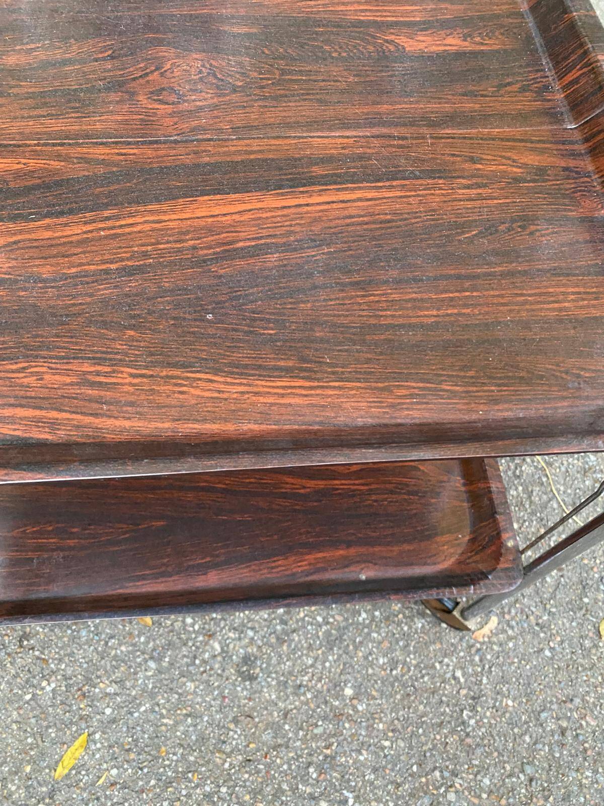 Folding serving cart in steel and mahogany wood on wheels, 70cm