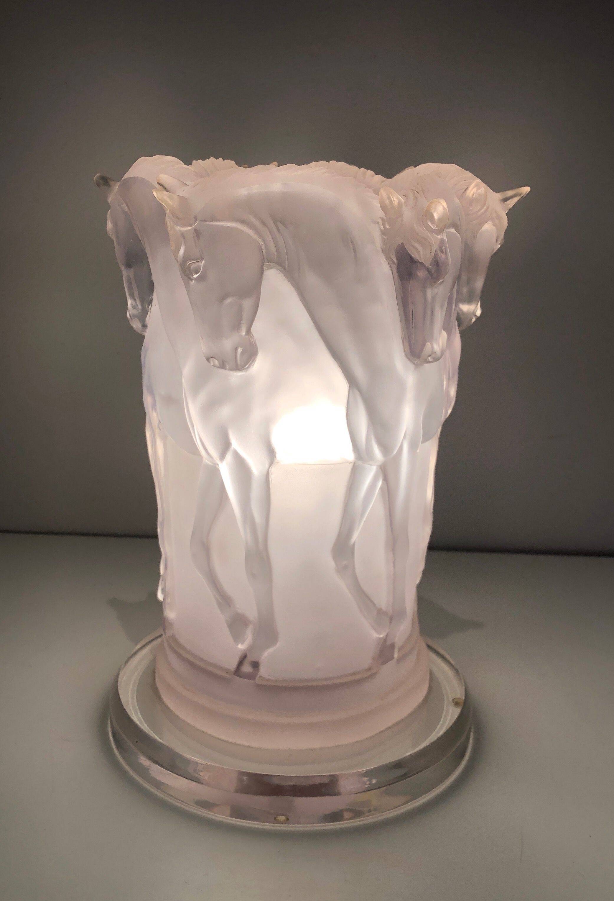 Plexiglass horse lamp in the style of Lalique.