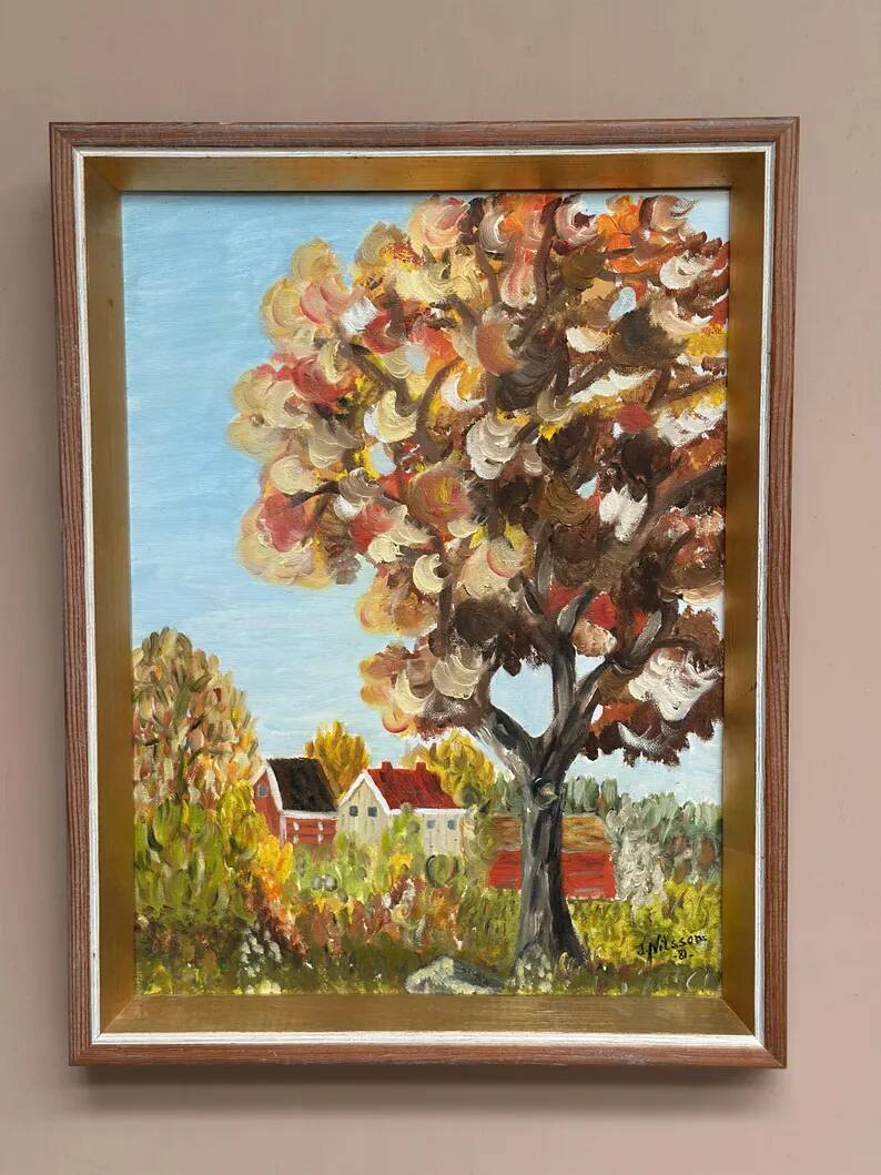 Original Swedish Oil on Canvas - "Autumn Tree" by J. Nilsson - Vintage and Framed - 49 × 38 cm