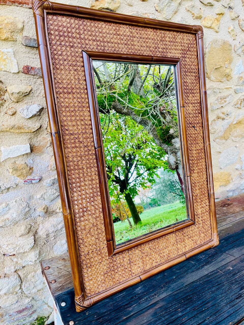 Vintage mirror, bamboo, caning and rattan, circa 1960s
