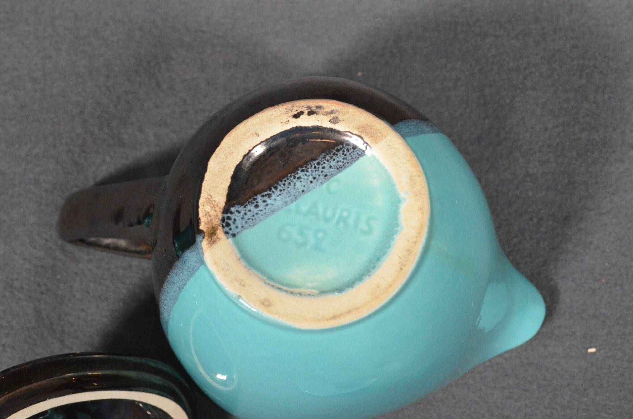 Vallauris coffee service in black and turquoise earthenware.