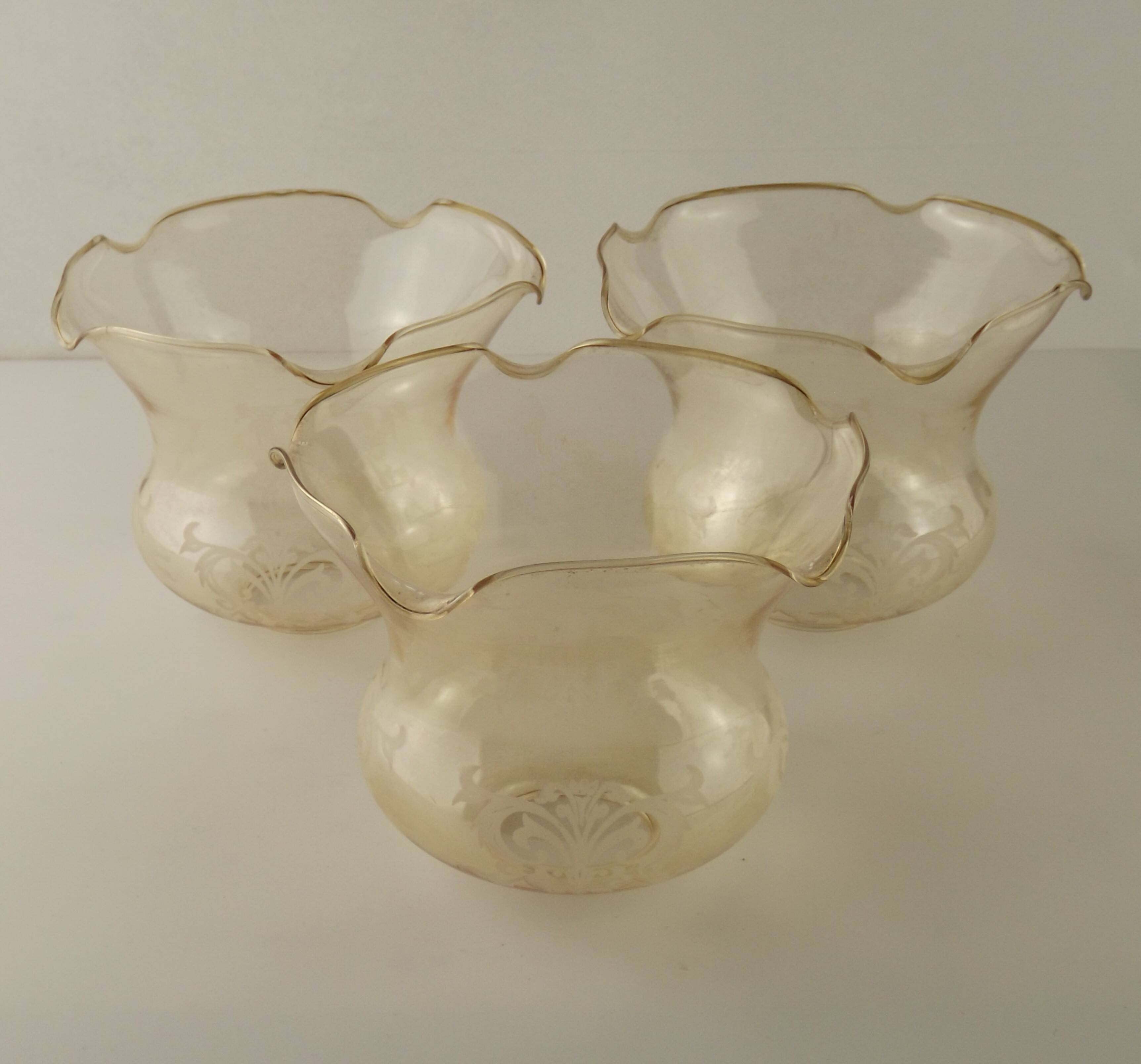 Set of 3 Vintage Glass Bell Shades In Smoked Amber Glass Scroll Motif  5596