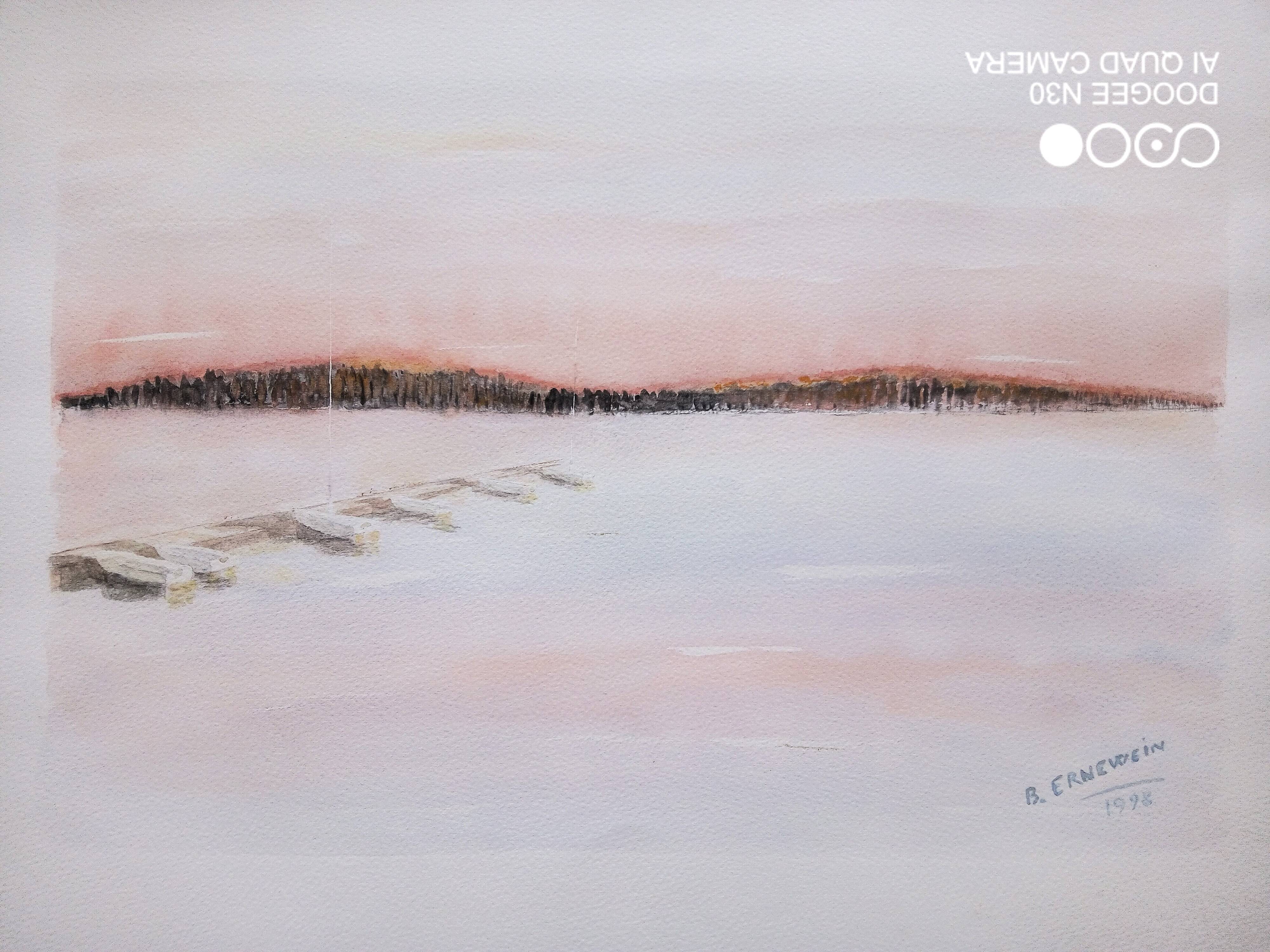 Watercolor on paper - sunset on a beach with boats, framed, signed B. Ernewein