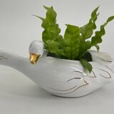 Cache pot deux cygnes en porcelaine blanc et doré vintage