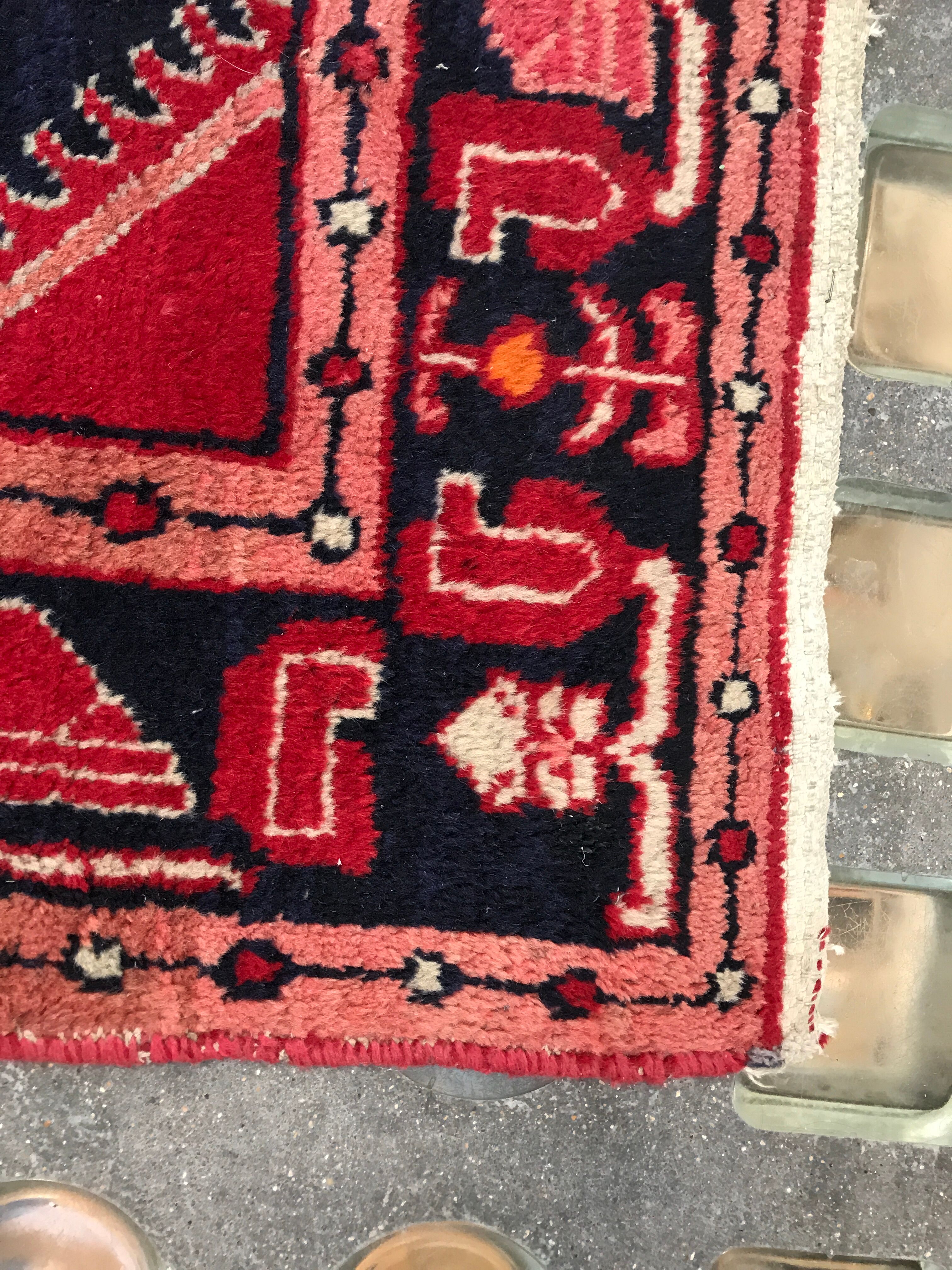 Persian wool gallery with red geometric decoration on blue background 132x254cm