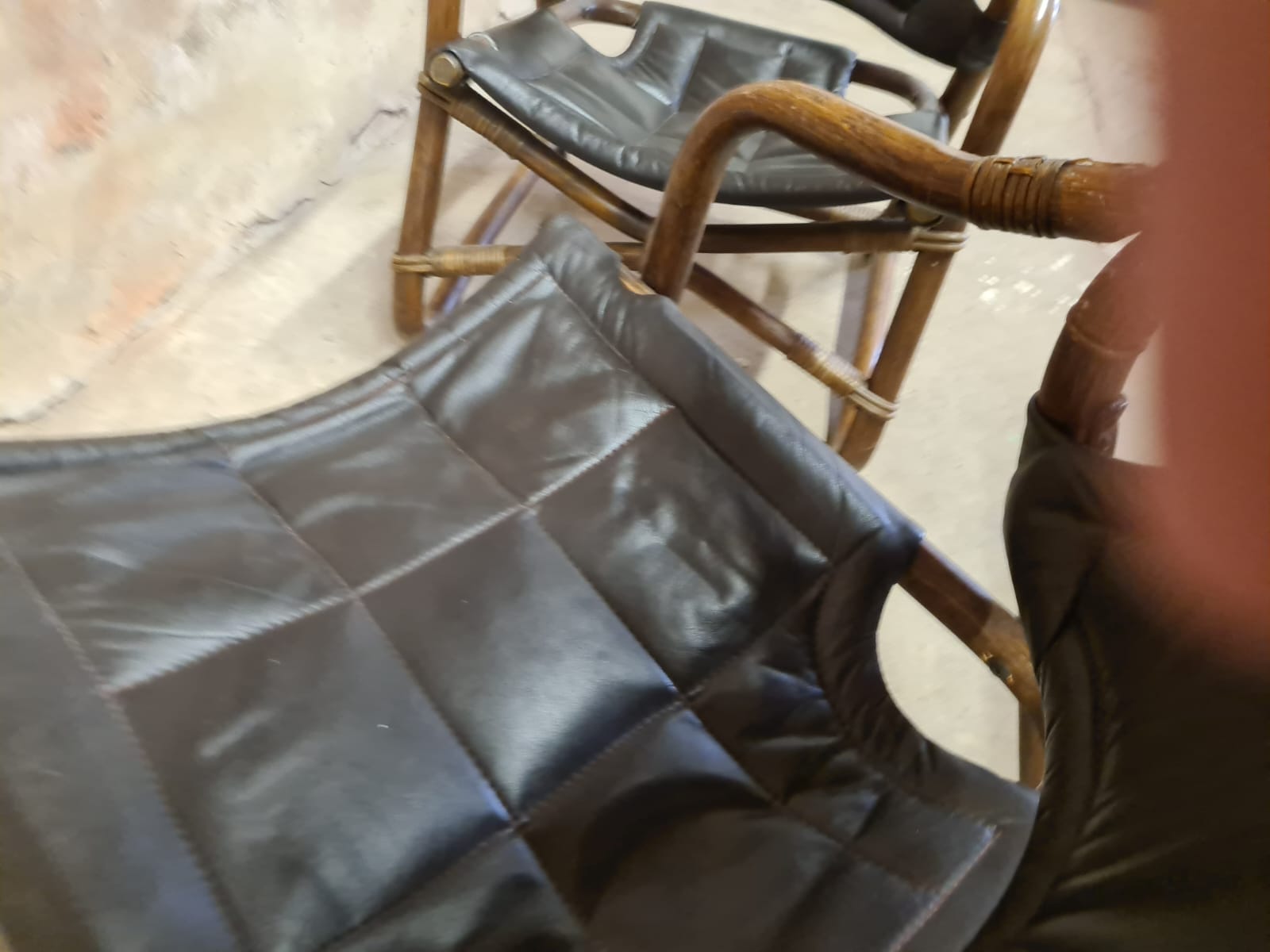 Pair of vintage skaï bamboo armchairs