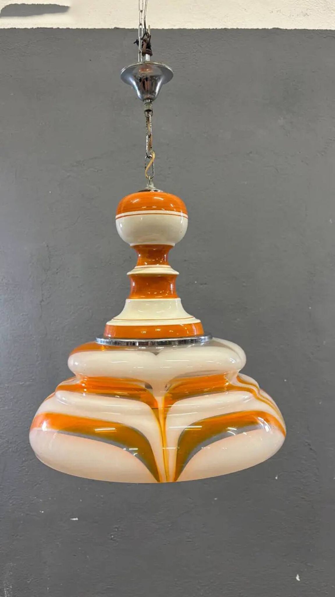 Italian art glass pendant lamp orange & white hand-blown chandelier, 1970s