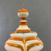 Italian art glass pendant lamp orange & white hand-blown chandelier, 1970s