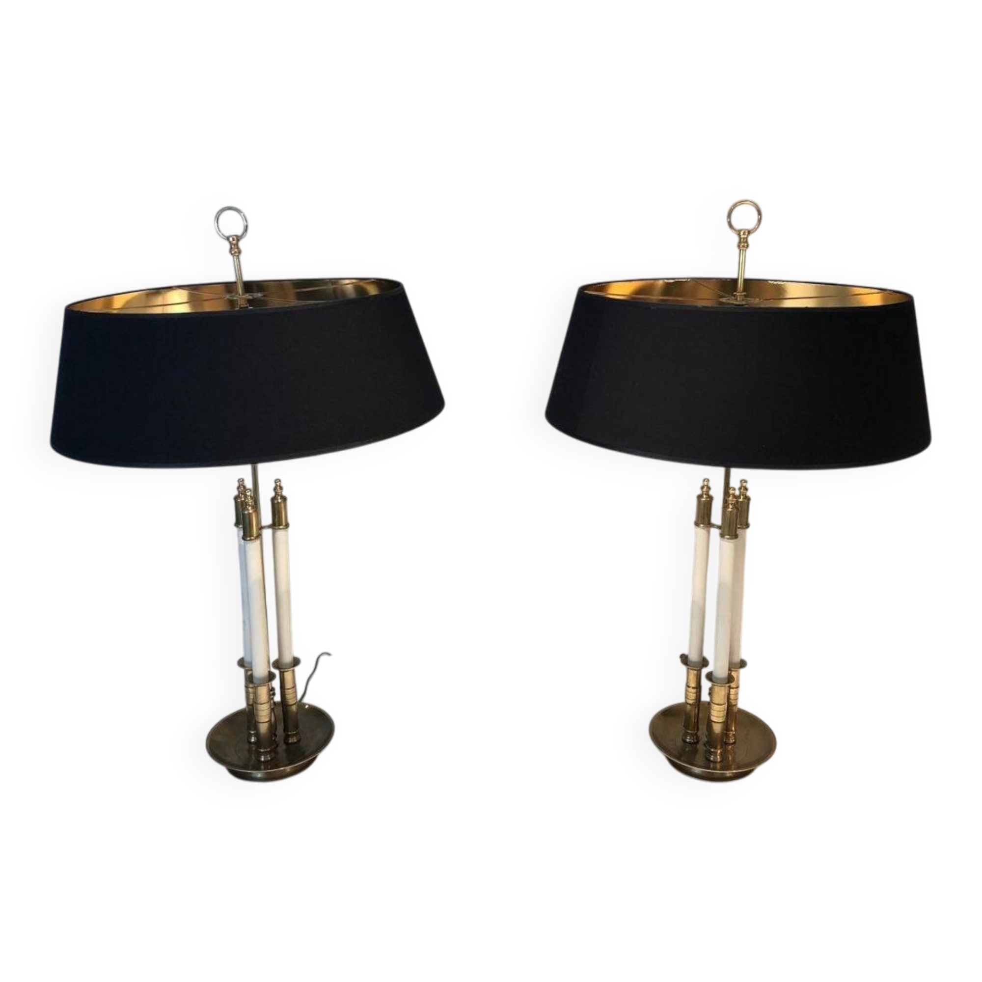 Pair of Brass and White Lacquer Table Lamps, Neoclassical Style, Tr