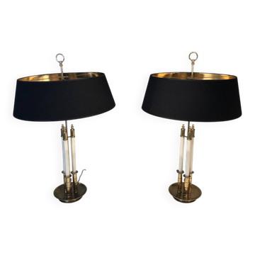 Pair of Brass and White Lacquer Table Lamps, Neoclassical Style, Tr