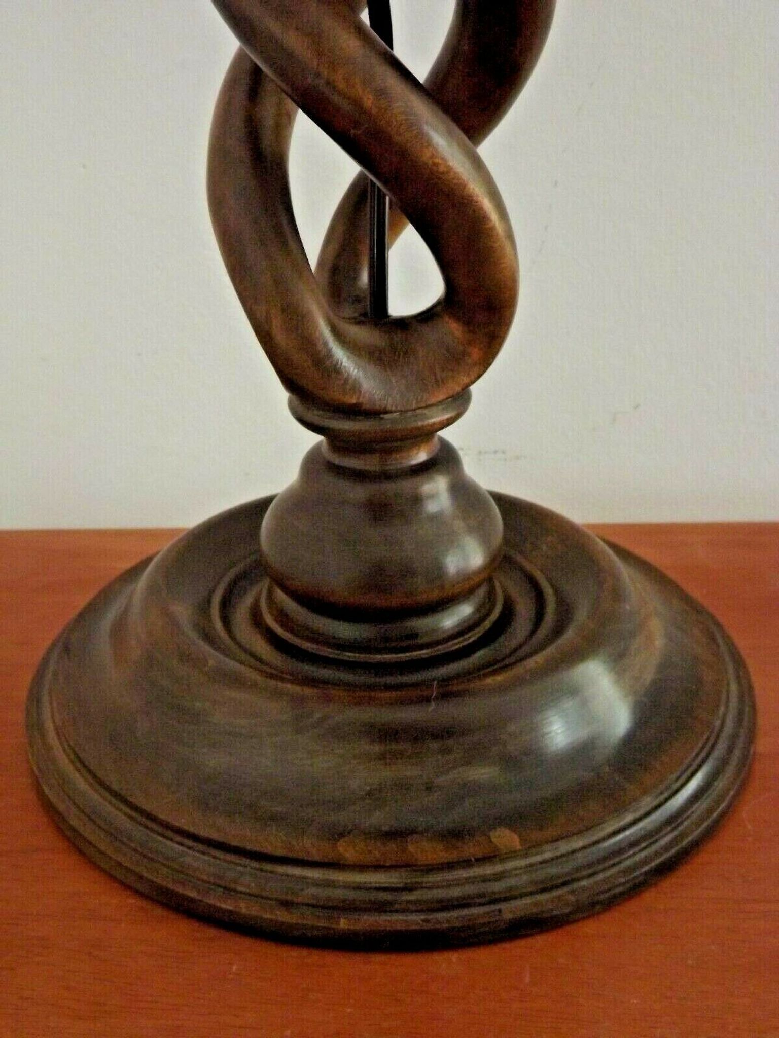 French tall wooden carved open weave barley twist table lamp base