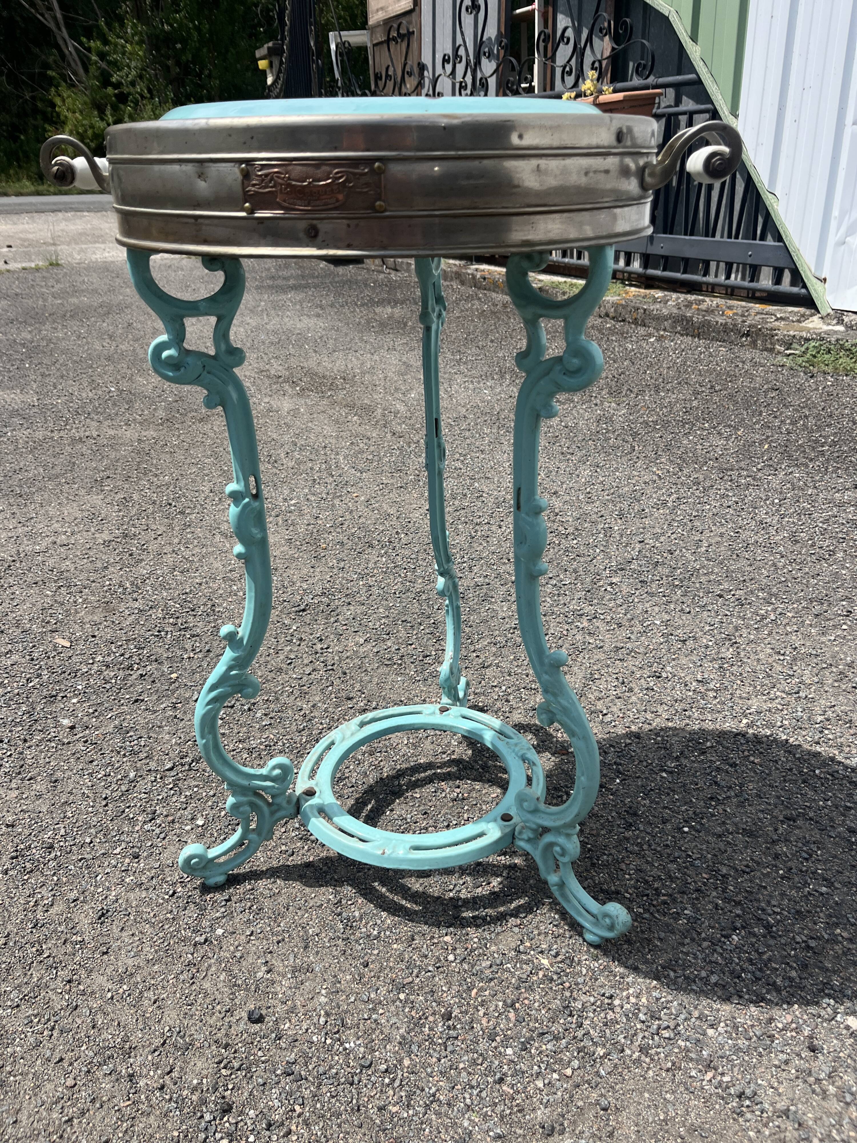 Antique bistro heating table "Le Coquet", enamelled tray, piece by piece.