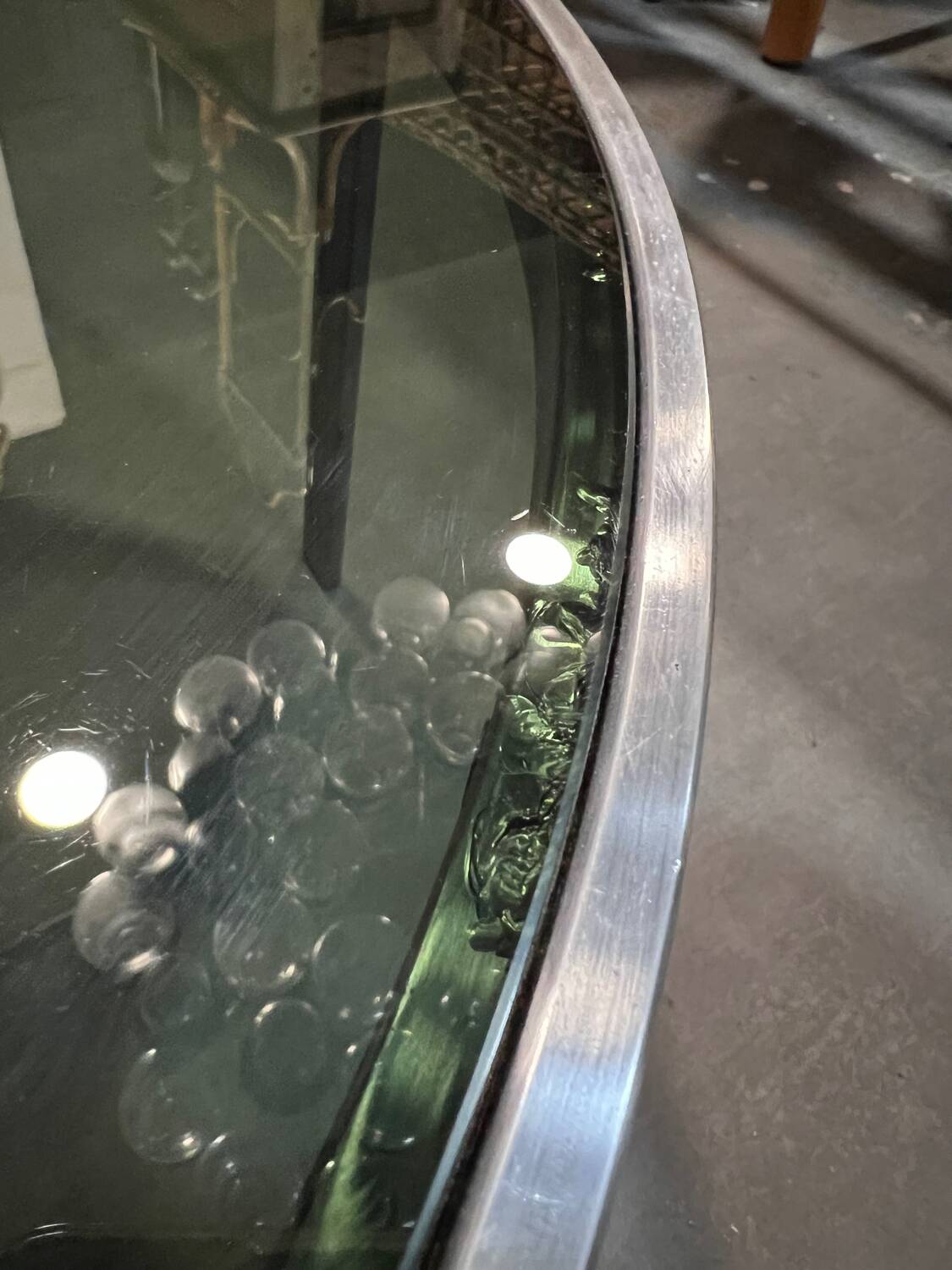 70s design round coffee table, metal and smoked glass