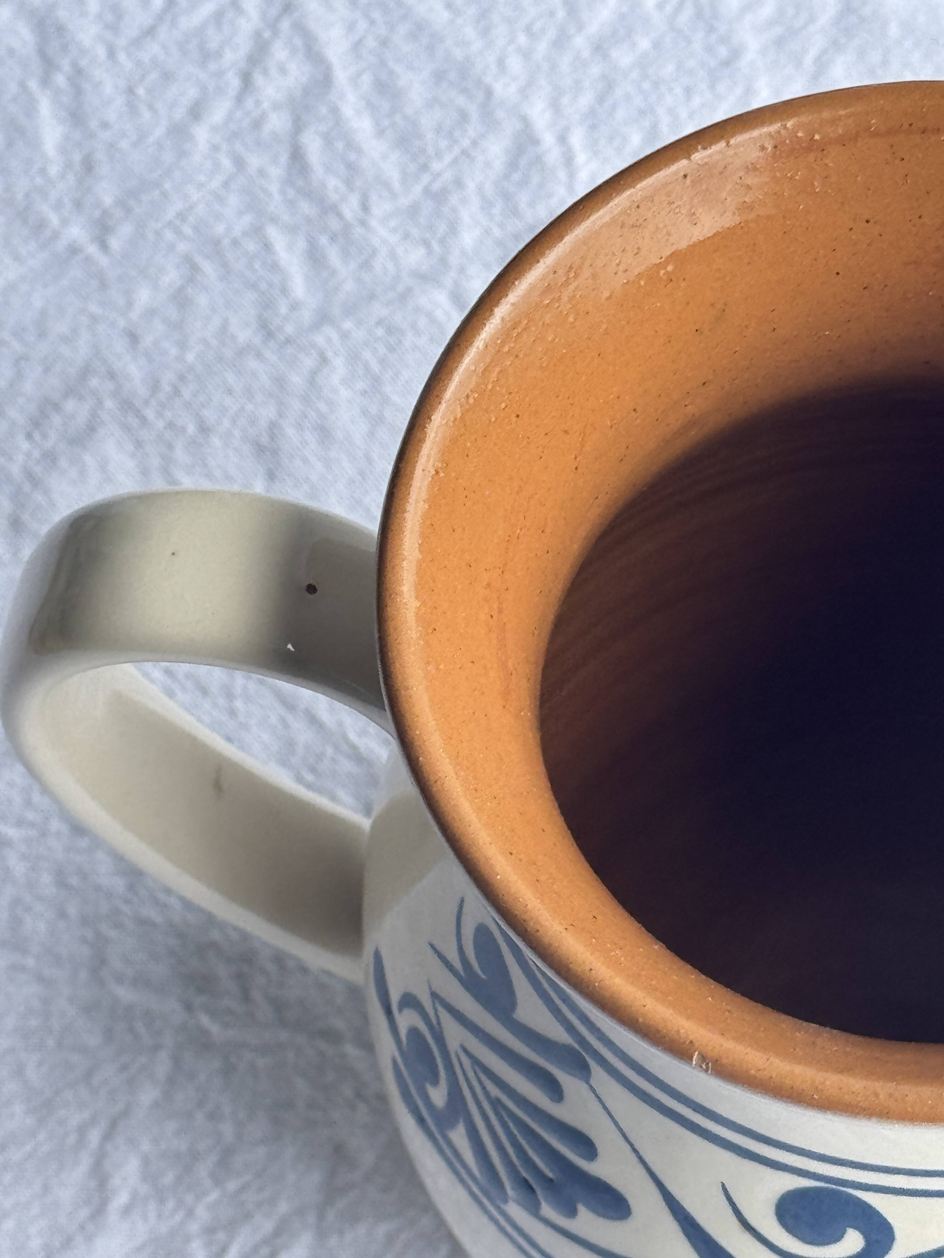 Vintage white pitcher with stylized blue plant frieze H17.5