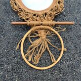 Vintage 1970s owl mirror macrame towel holder