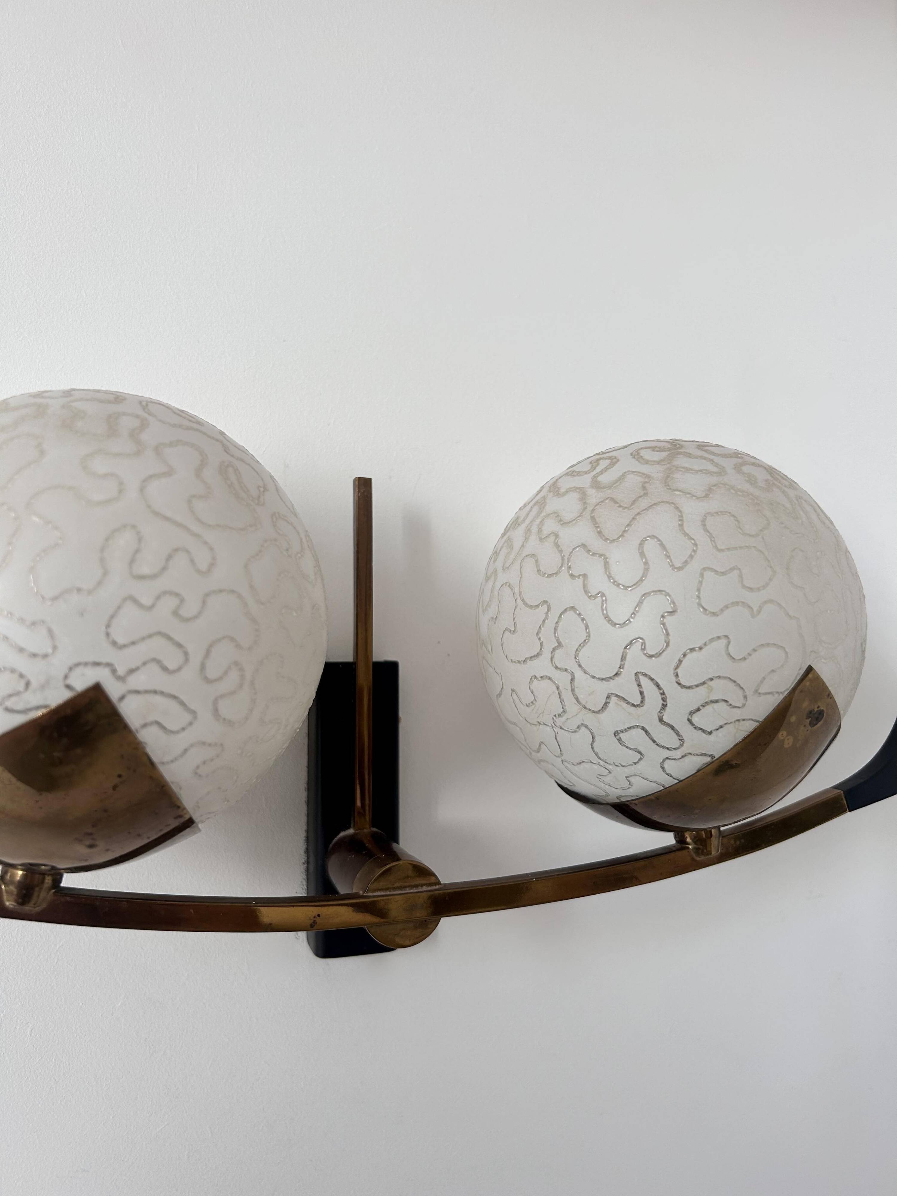 Vintage brass and opaline wall lamp, Arlus, France 1960s