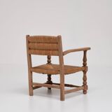 Pair of Rustic French Oak & Rush Armchairs, 1950s