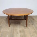 Table basse vintage ronde en teck et rotin