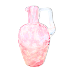 Ancien pichet verre soufflé vintage moucheté rose et blanc