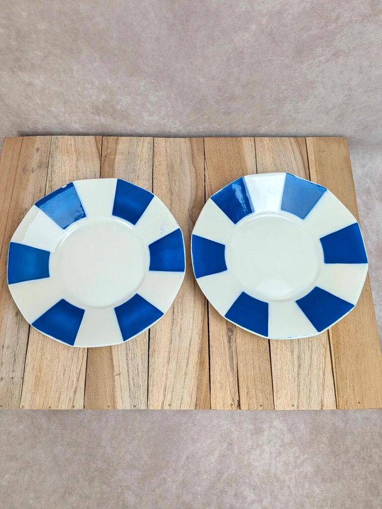 Set of 2 antique ironstone saucers from Badonviller – Cobalt blue Art Deco