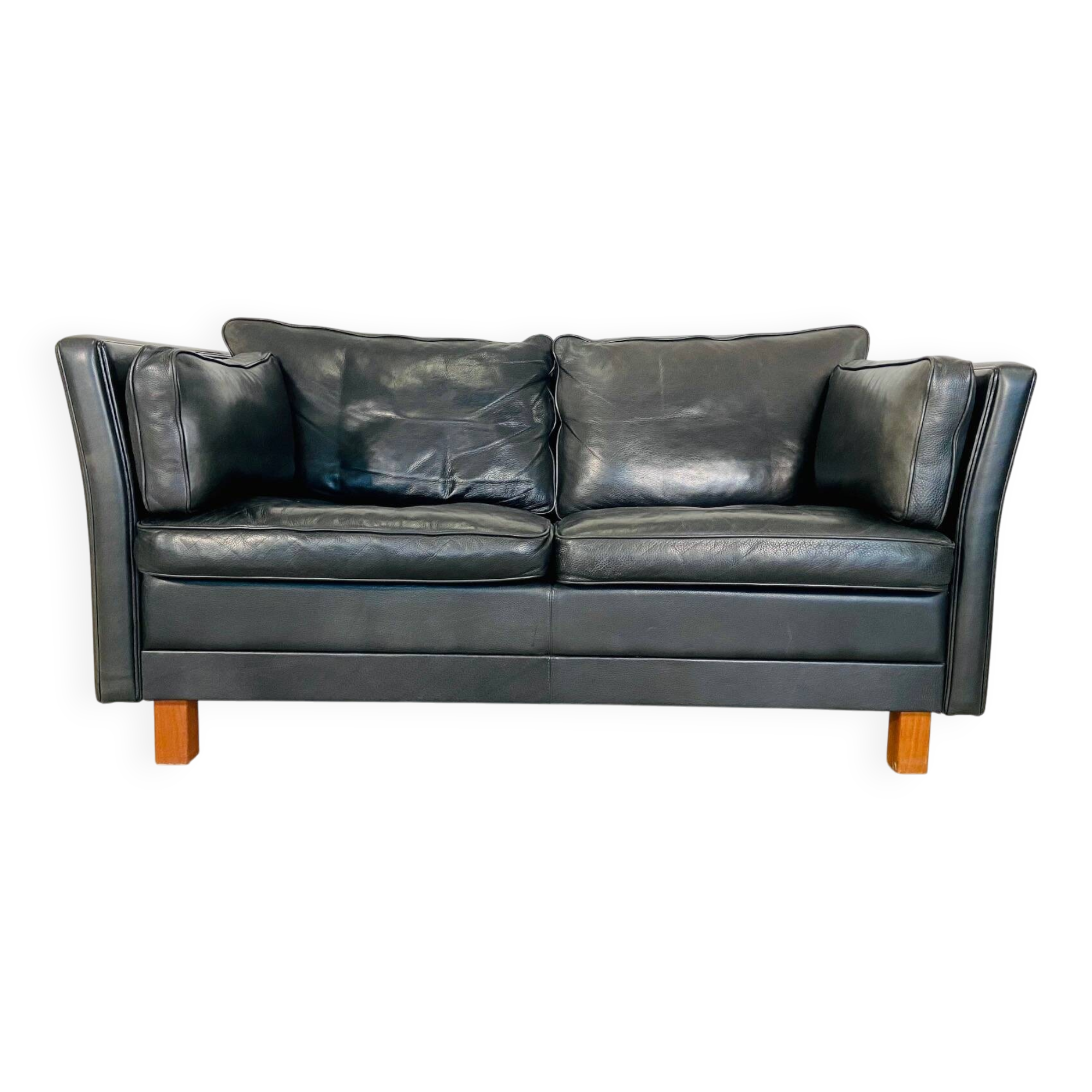 Vintage retro danish mogens hansen 2 person black leather sofa