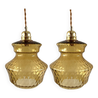 Pair of old chiseled glass pendant lights