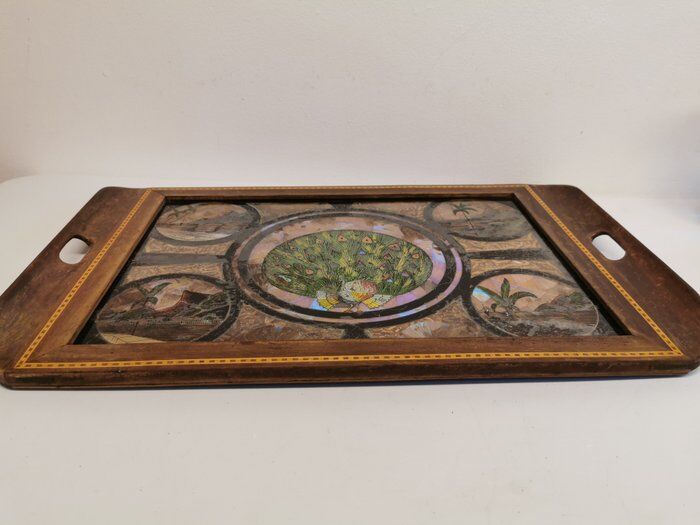 Plateau de service antique en bois d’acajou, verre et nacre