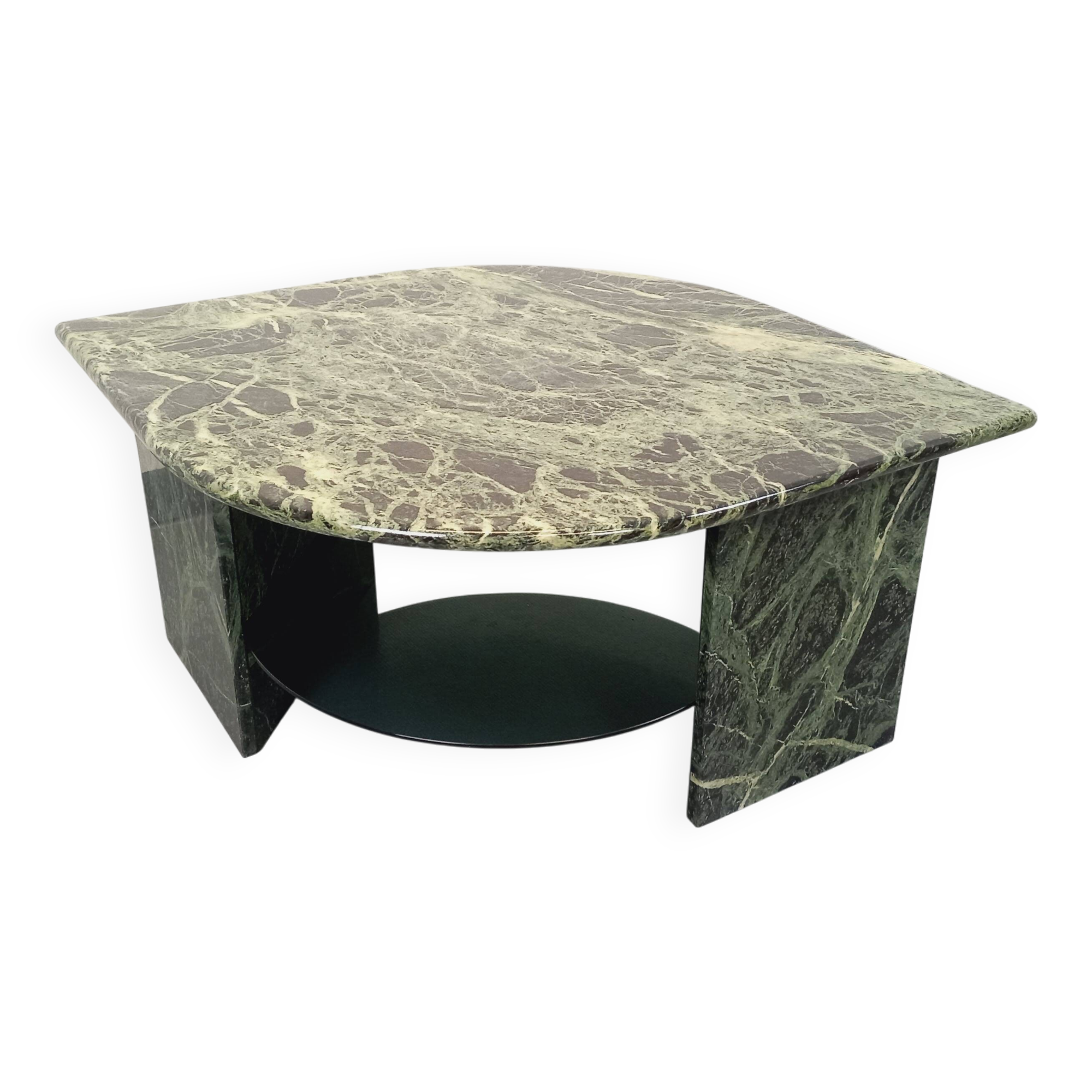 Vintage square coffee table with 2 green marble and smoked glass tops