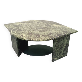Table basse carrée vintage à 2 plateaux en marbre vert et verre fumé