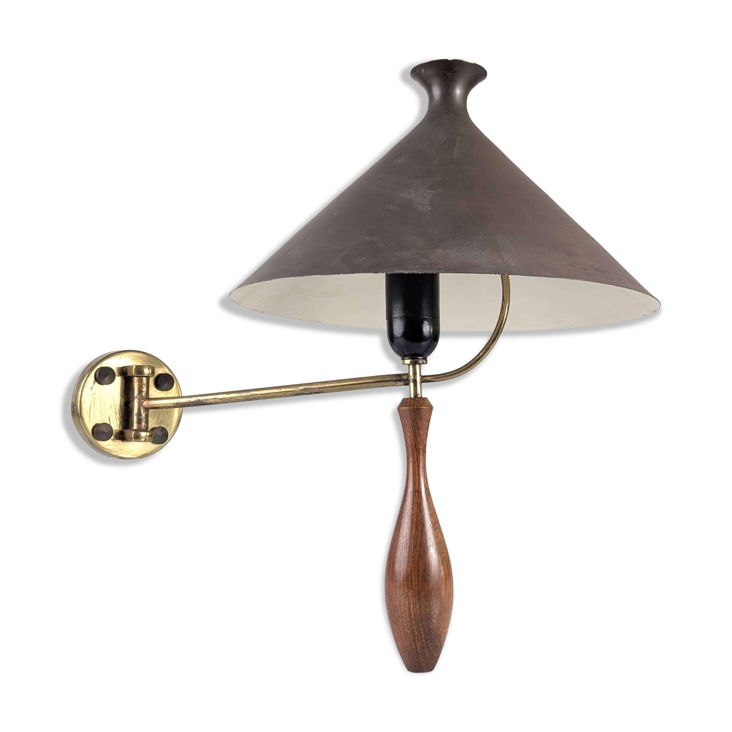 Mid-Century Wall Lamp in Brass and Wood with Black Shade, 1950s