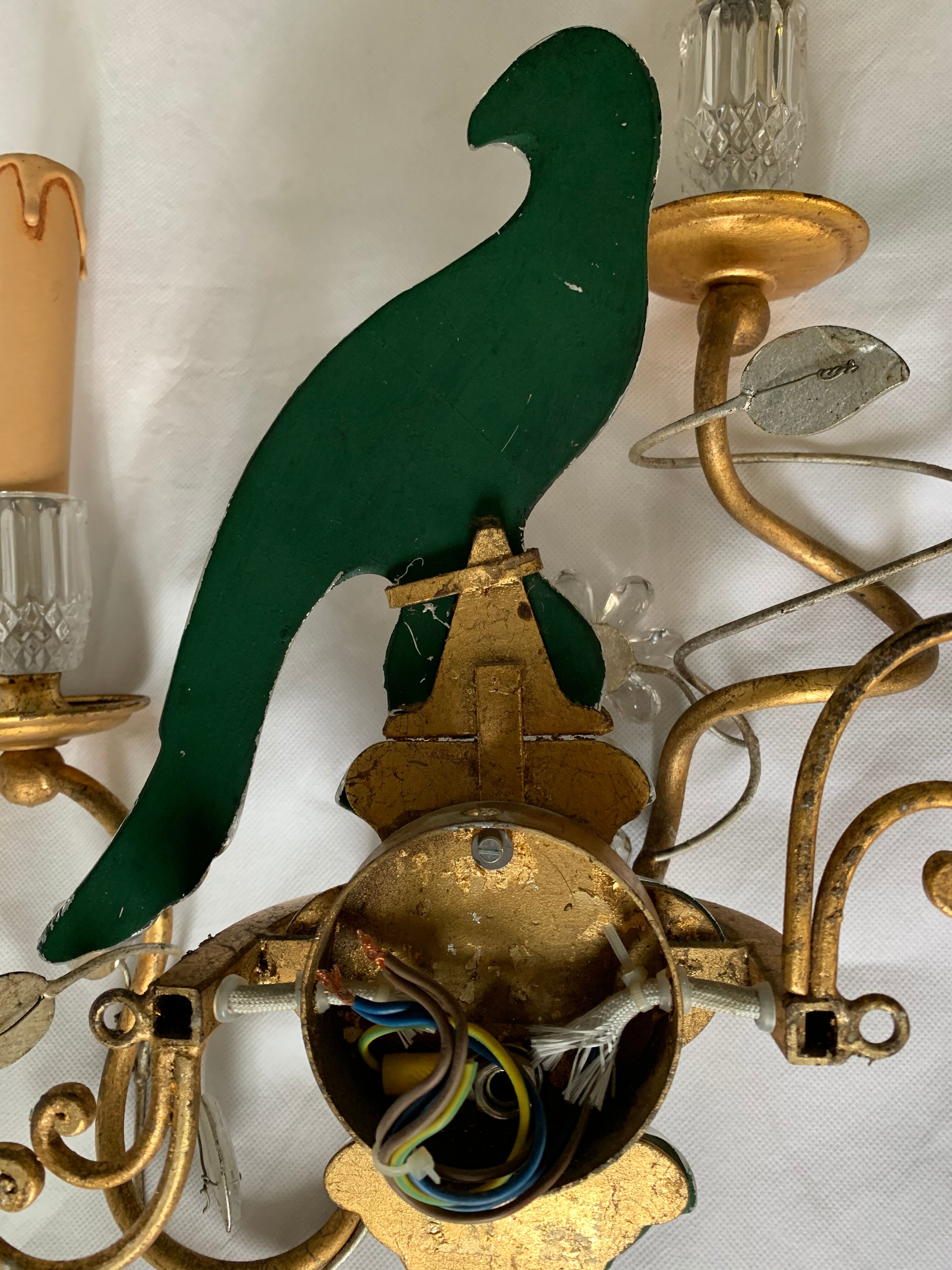 Pair of parrot crystal or parakeet wall sconces Maison Baguès 1950