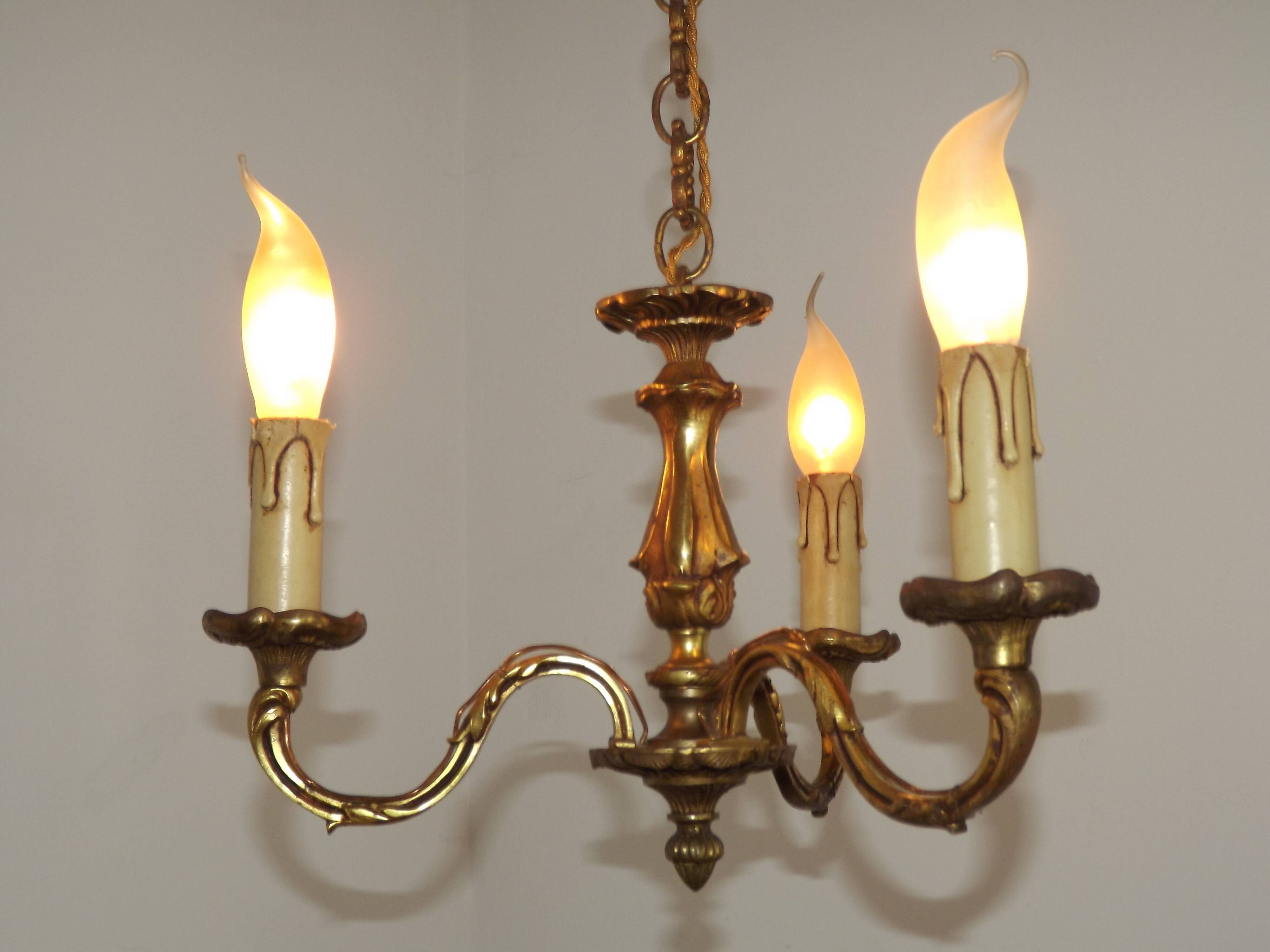 French Antique Art Nouveau Style 3-Light Quality Bronze Chandelier