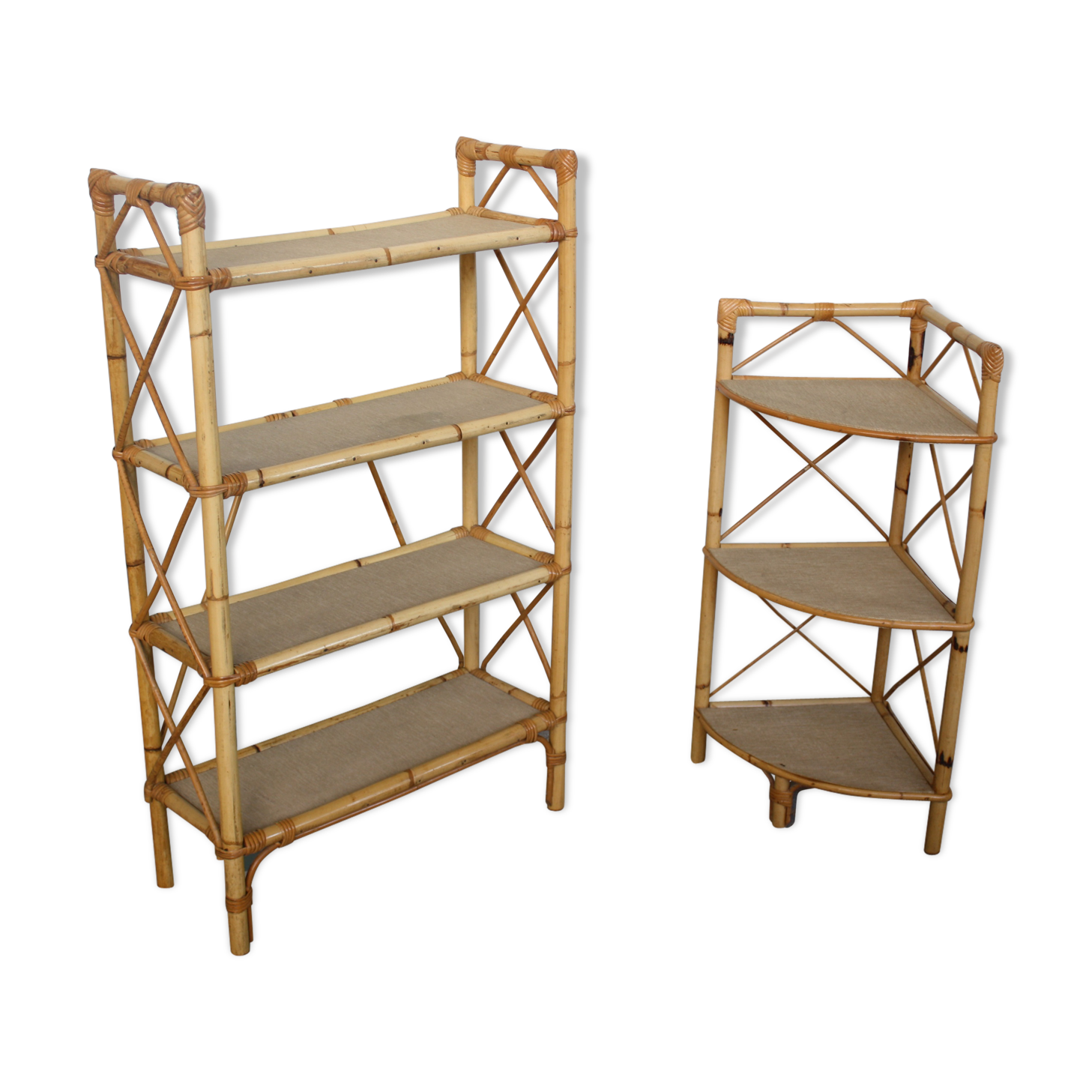 Pair of rattan shelves including a corner shelf