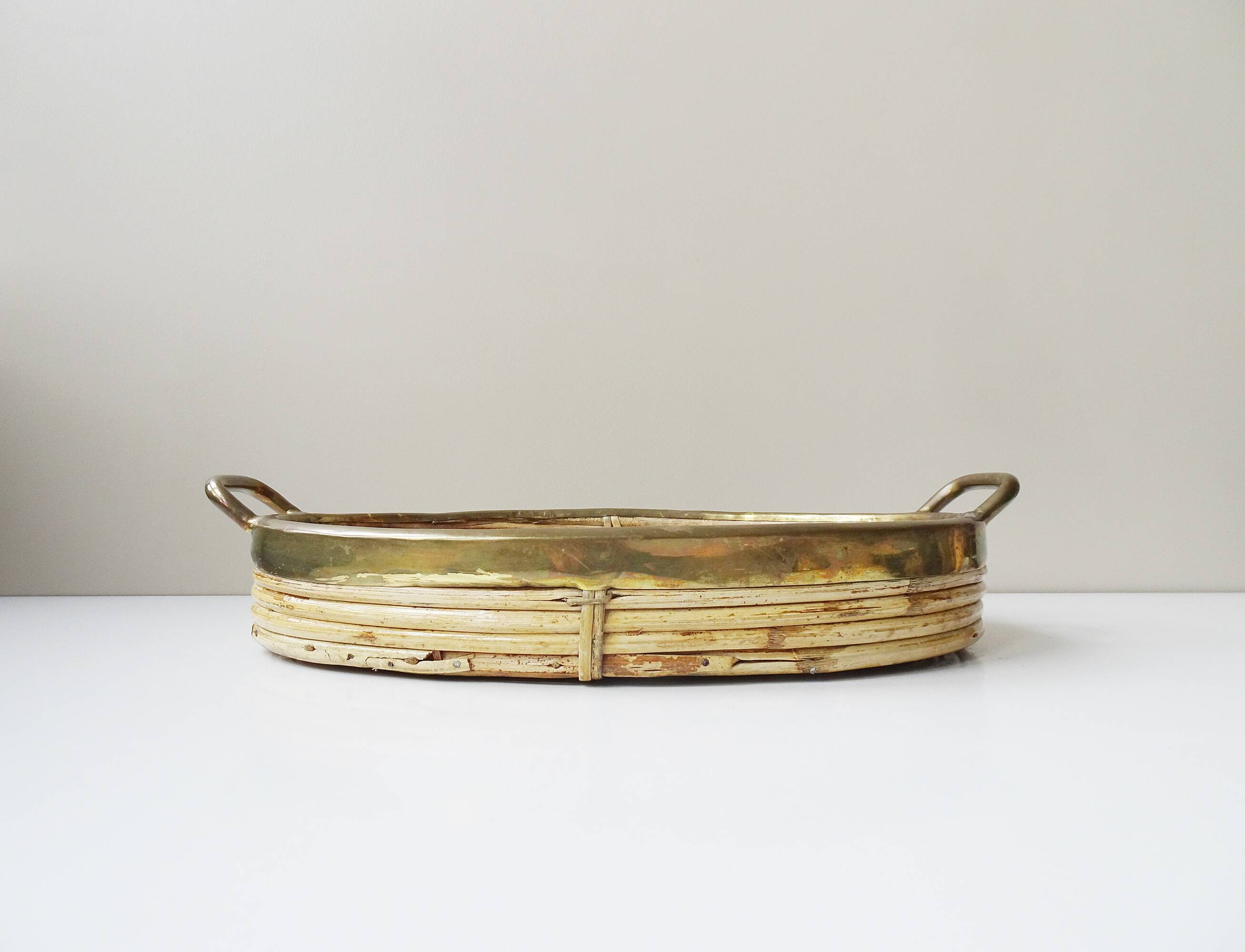 Rattan and brass tray, Gabriella Crespi style serving tray ​