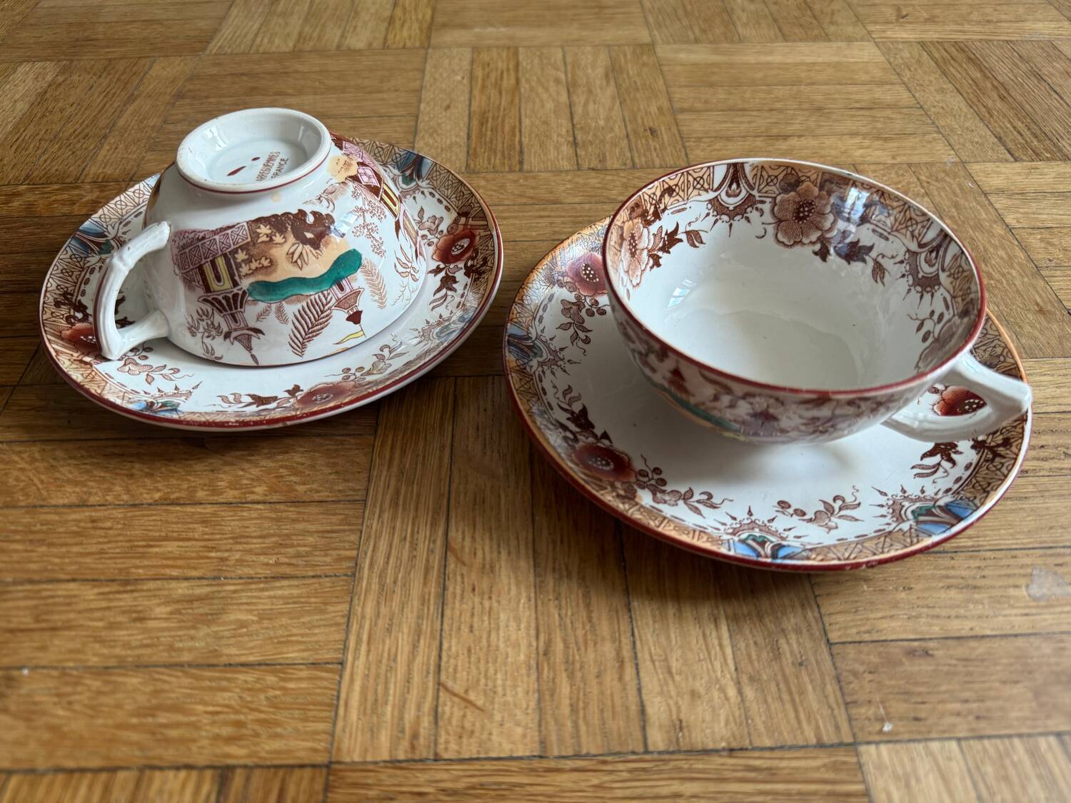 2 antique cups with saucers Sarreguemines Kyoto ironstone