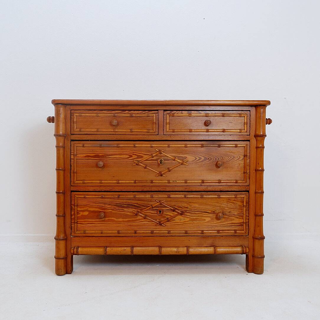 Faux Bamboo Dark Pine Chest of Drawers - 20th century