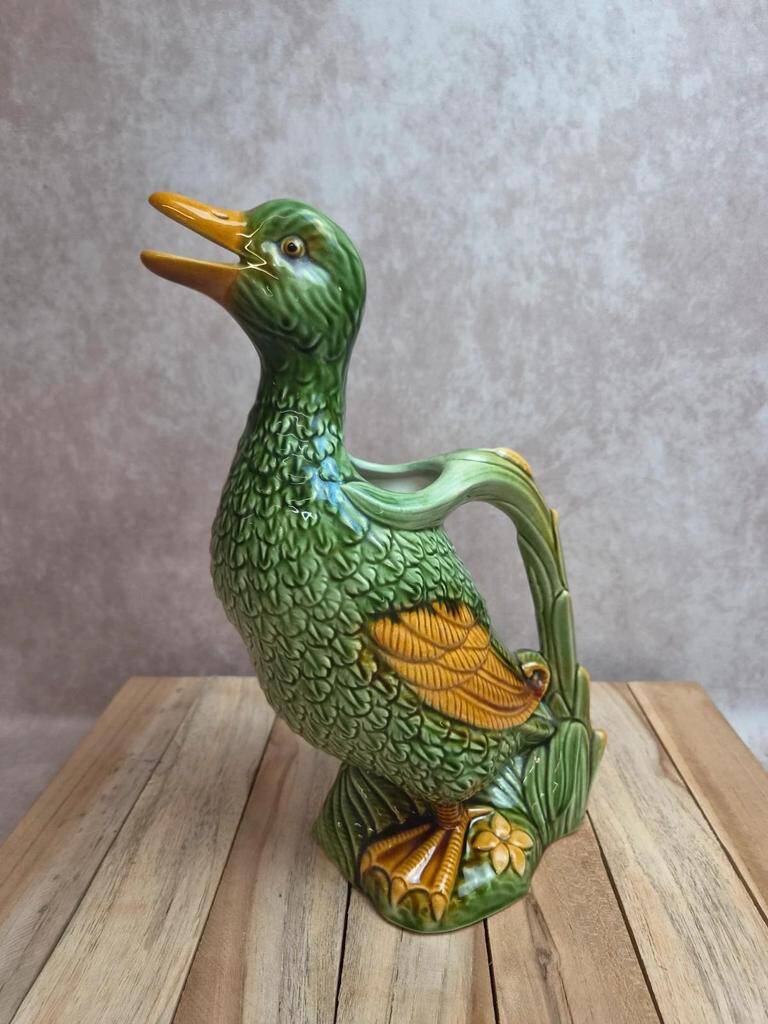 Large vintage duck jug in barbotine – green glazed earthenware – 29 cm