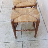 Pair of vintage wooden and straw stools from the 50s, rectangular