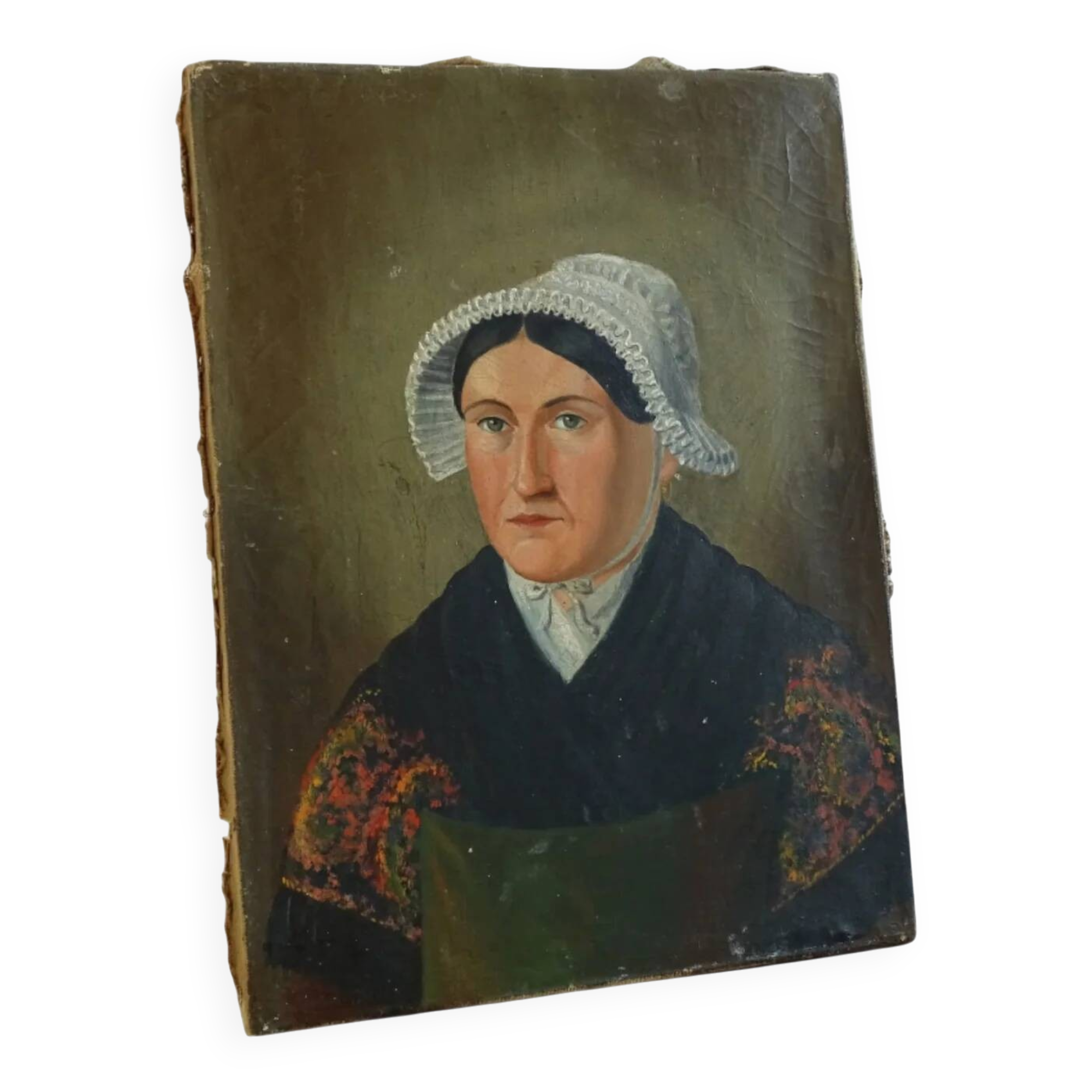 Portrait ancien français d'une dame, art populaire