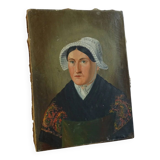 Portrait ancien français d'une dame, art populaire