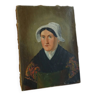 Portrait ancien français d'une dame, art populaire