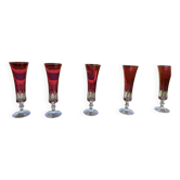 Suite de 5 flûtes à champagne en verre doublé rouge rubis (Style Muran