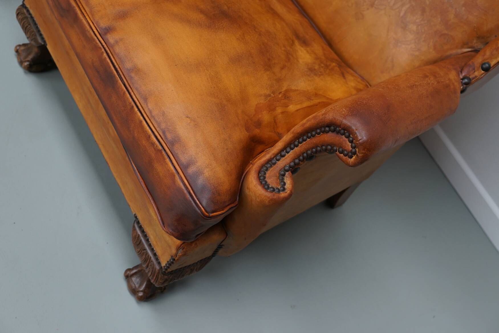 Old Patinated Dutch Cognac Colored Leather Club Chair, Set of 2