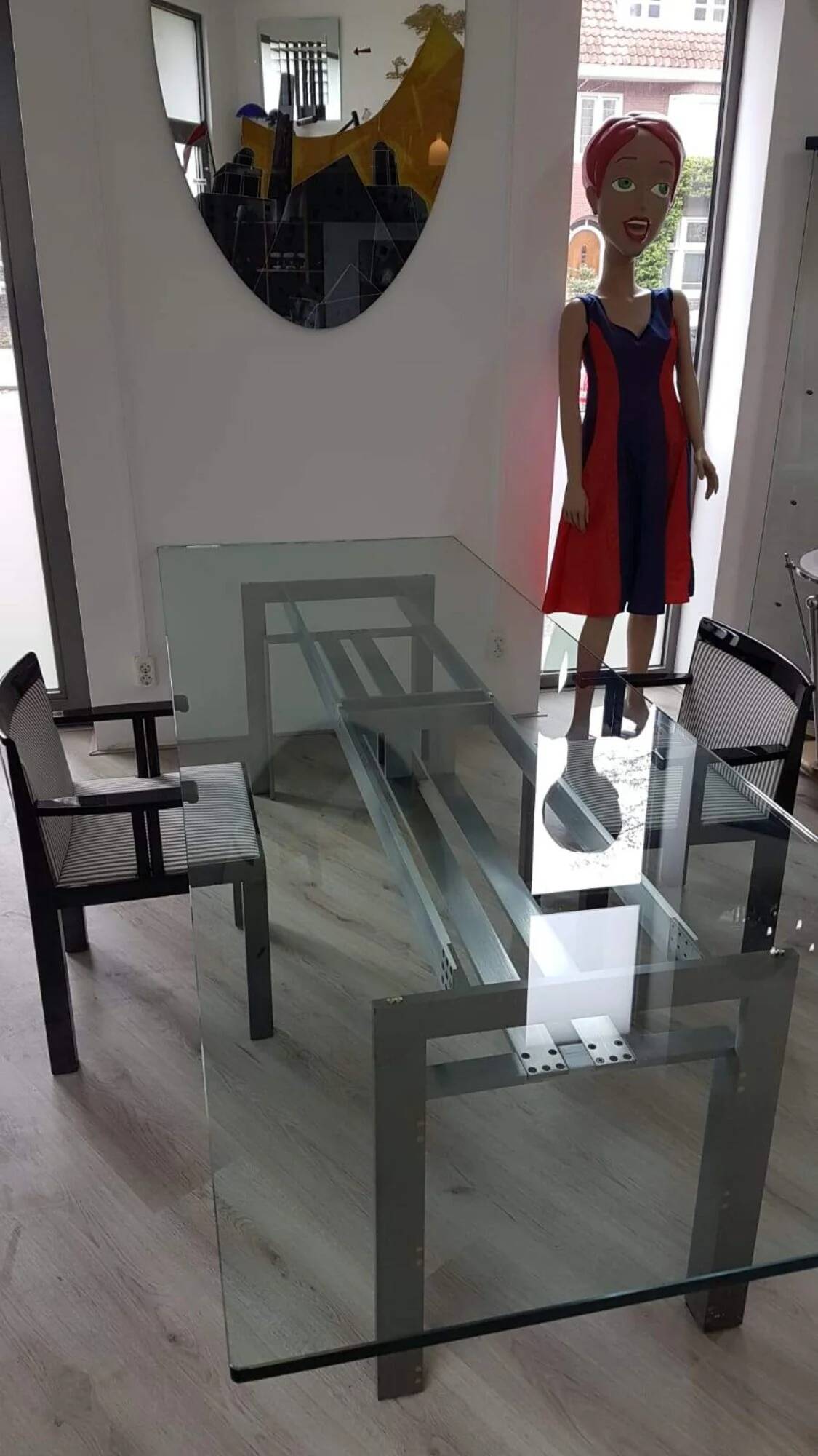 Table à manger en acier brossé avec plateau en verre - Doge - Carlo Scarpa pour Simon - années 1970